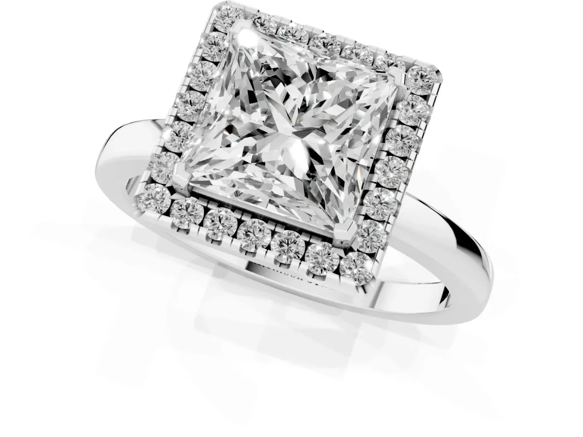 Princess Cut Halo Diamond Solitaire with Pavé Band and Four-Prong Setting Platinum
