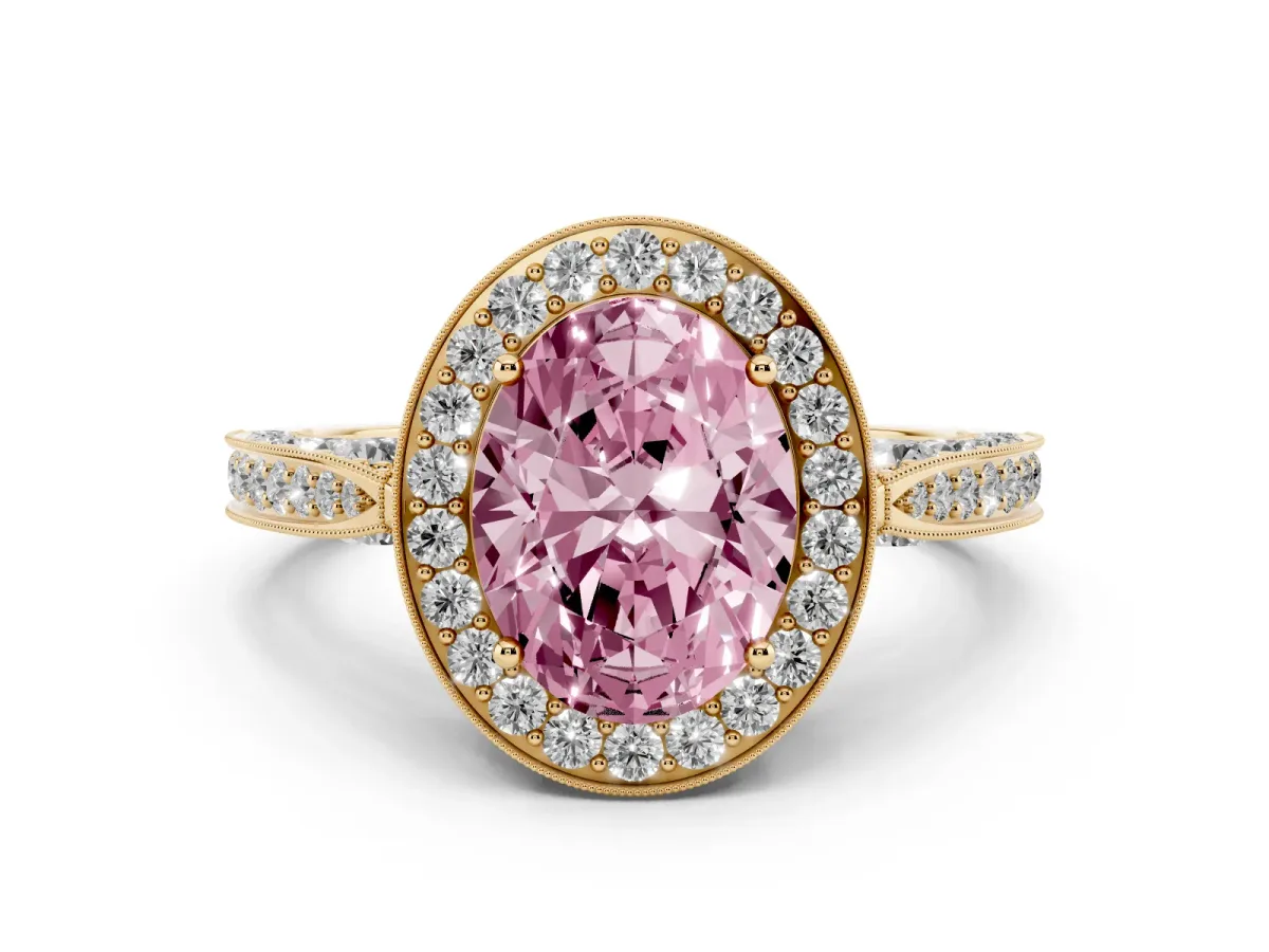 Fancy Pink Oval Cut Halo Diamond Engagement Ring with Split Shank Band and Four-Prong Setting Yellow gold