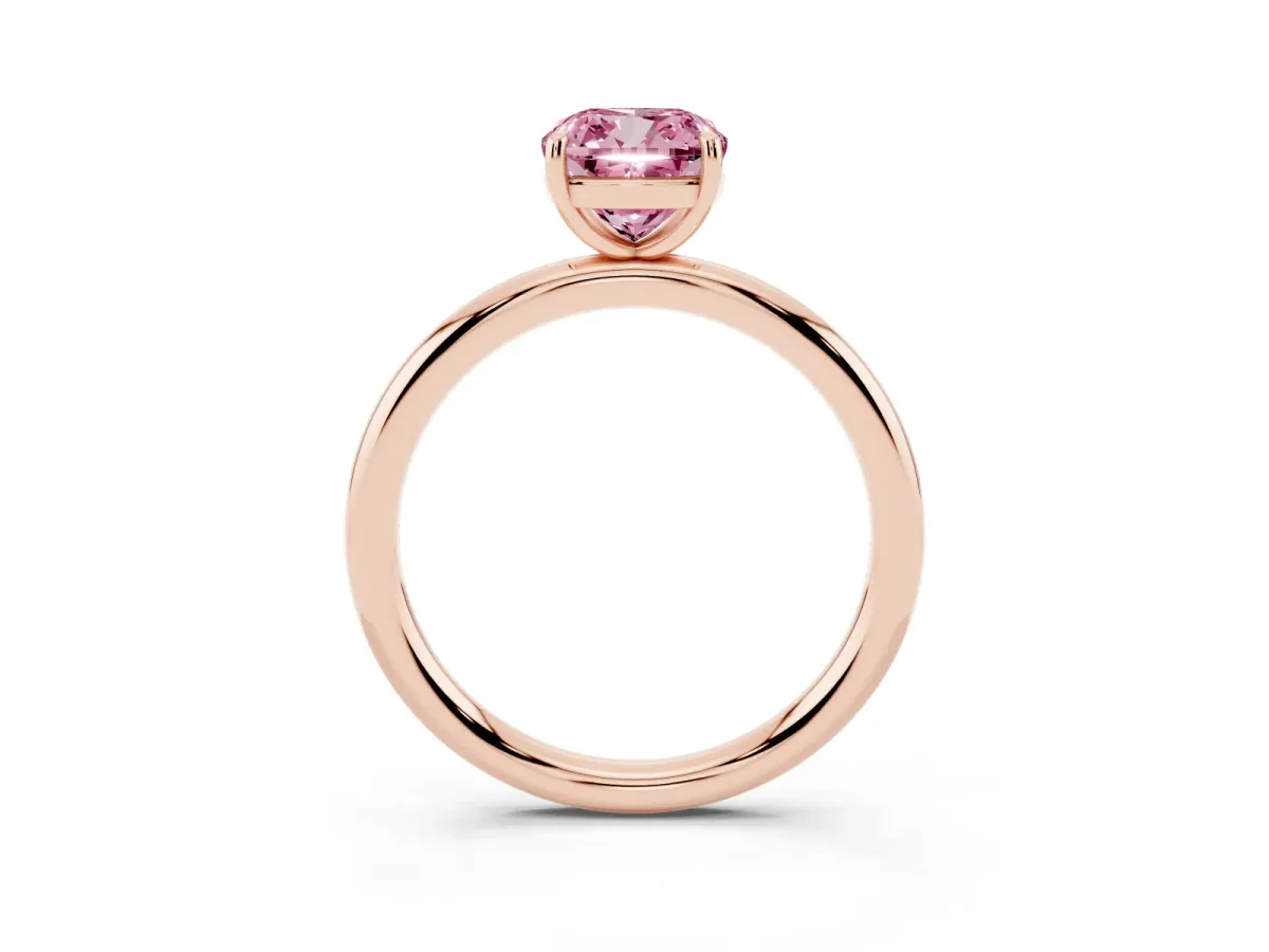 Fancy Pink Cushion Cut Solitaire Diamond Ring with Four-Prong Setting on a Plain Band Rose gold