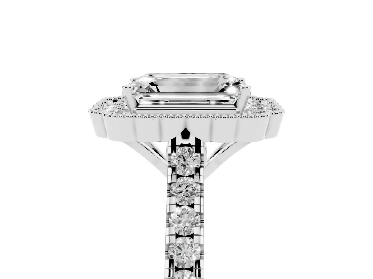 Emerald Cut Cut Diamond Milgrain Floral Halo Engagement Ring with Pavé Band Silver