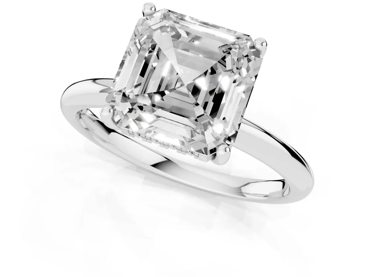 Asscher Cut Cut Solitaire Engagement Ring with Four-Prong Setting and Classic Band Silver