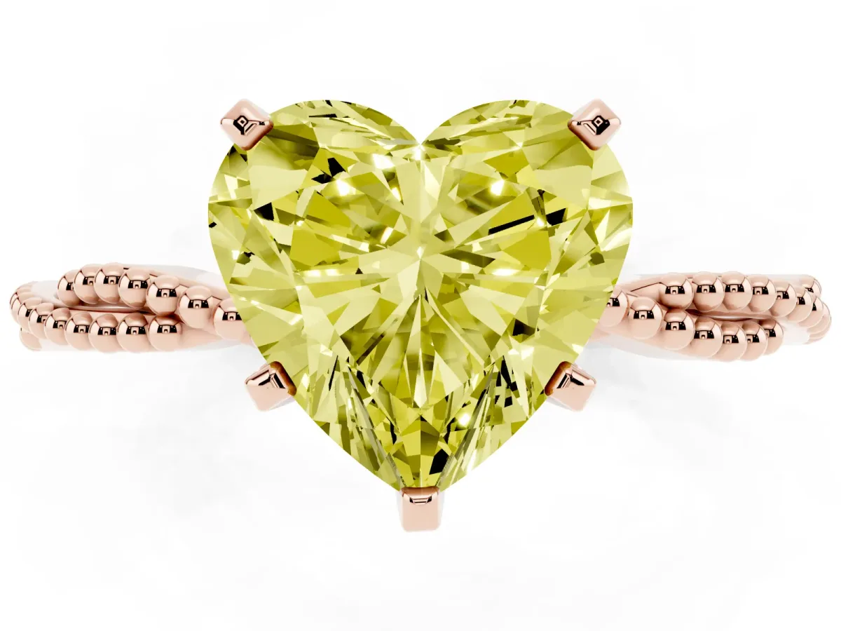 Fancy Yellow Heart Cut Solitaire Twisted Band with Bead Prong Setting Rose gold
