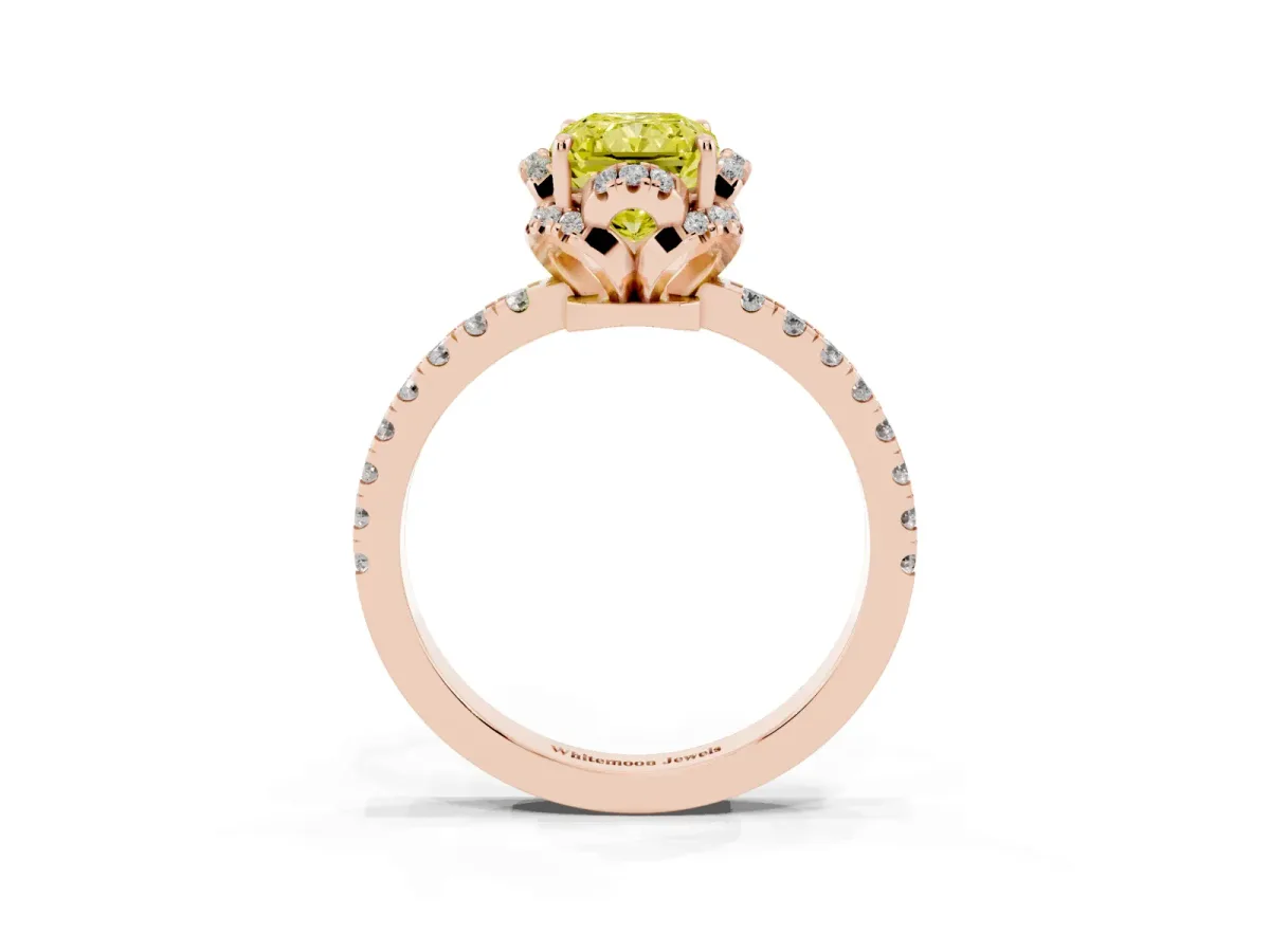 Fancy Yellow Radiant Cut Halo Diamond Pave Band Ring with Four-Prong Setting Rose gold