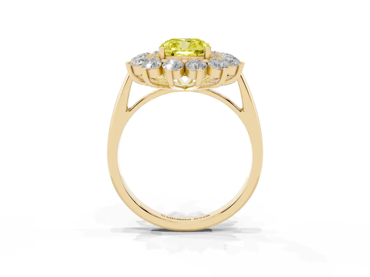 Fancy Yellow Cushion Cut Diamond Floral Double Halo Engagement Ring with Prong Setting Yellow gold