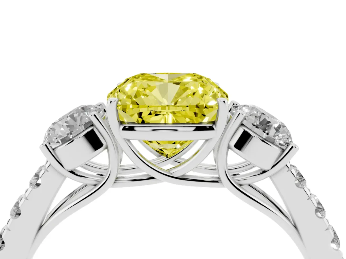 Fancy Yellow Cushion Cut Cut Diamond Three-Stone Ring with Round Side Stones and Pavé Band Silver