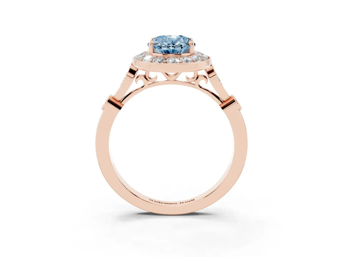 Fancy Blue Oval Cut Halo Diamond Engagement Ring with Twisted Band and Four-Prong Setting Rose gold