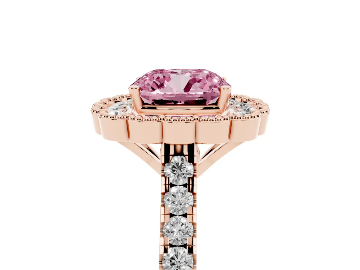 Fancy Pink Cushion Cut Cut Diamond Milgrain Floral Halo Engagement Ring with Pavé Band Rose gold