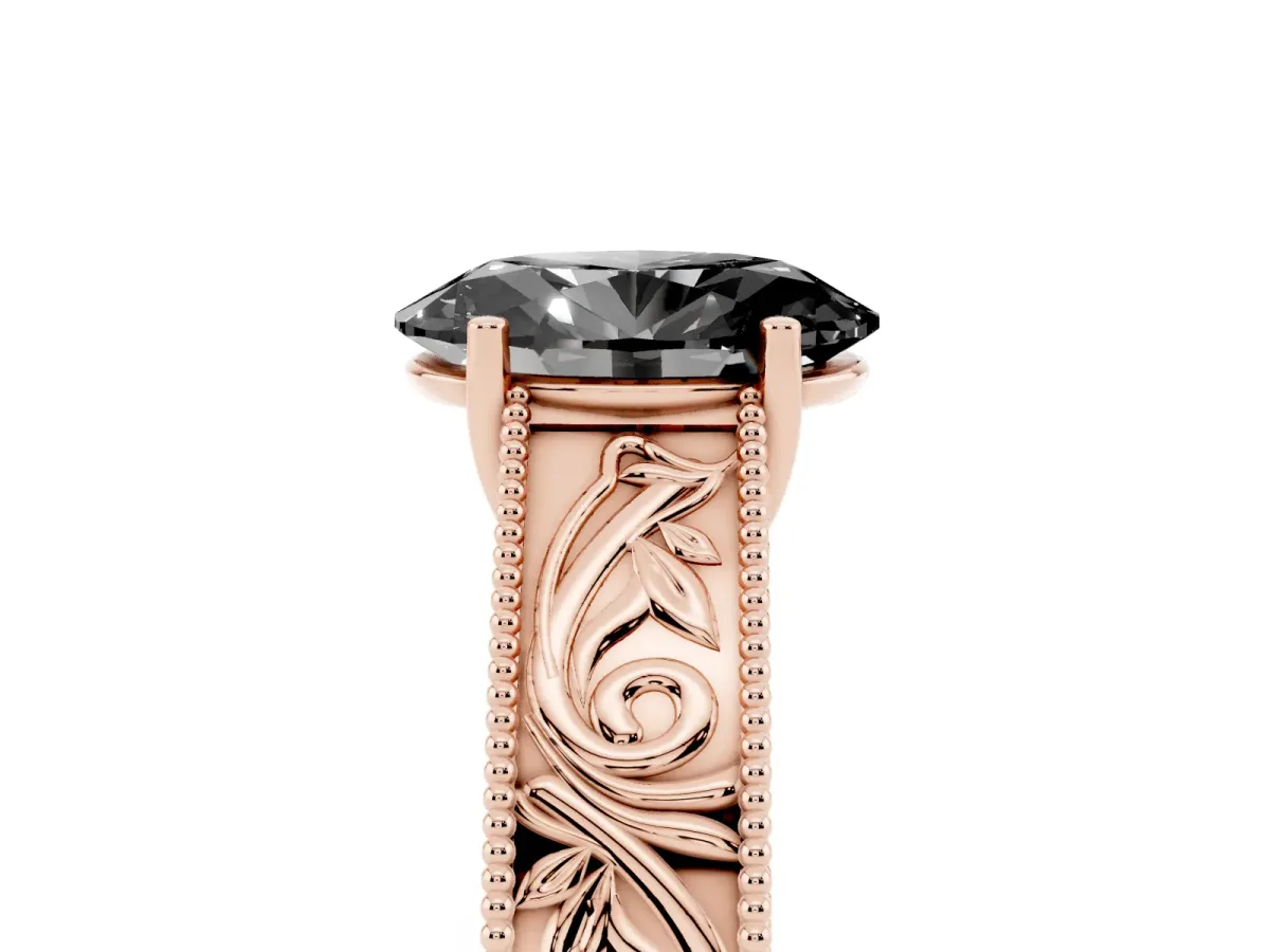 Fancy Black Oval Cut Diamond Solitaire Ring with Engraved Band and Four-Prong Setting Rose gold