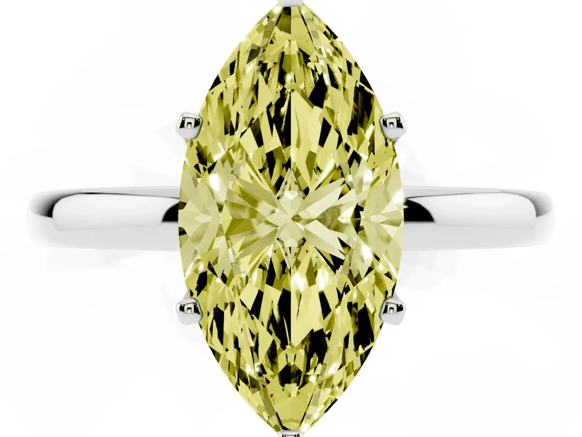 Fancy Yellow Marquise Cut Solitaire Diamond Ring with Six-Prong Setting on a Classic Band Silver
