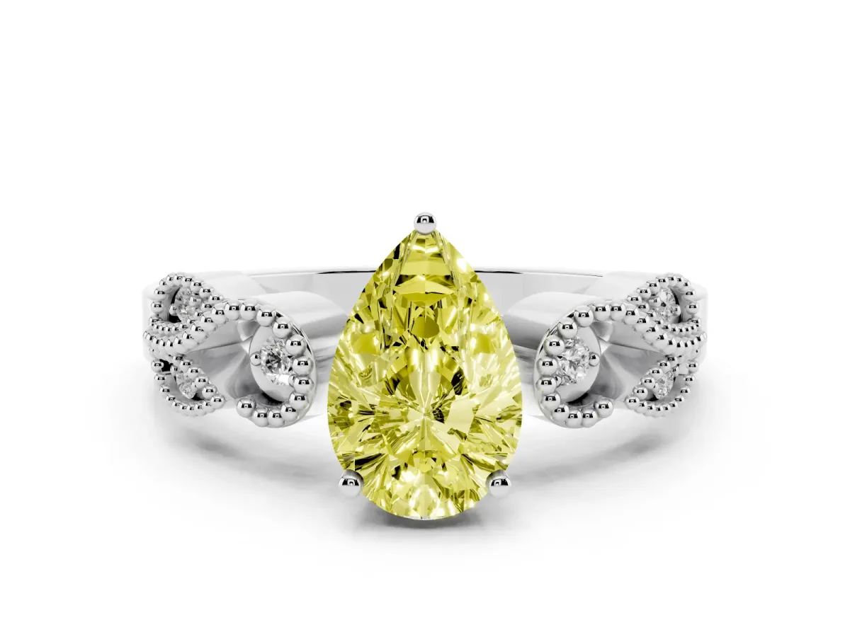 Fancy Yellow Pear Cut Solitaire Milgrain Leaf Band with Prong Setting White gold