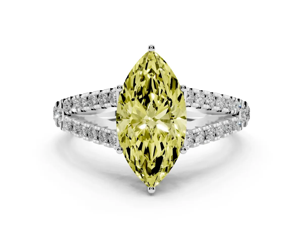 Fancy Yellow Marquise Cut Diamond Split Shank Engagement Ring with Round Pavé and Prong Setting Silver