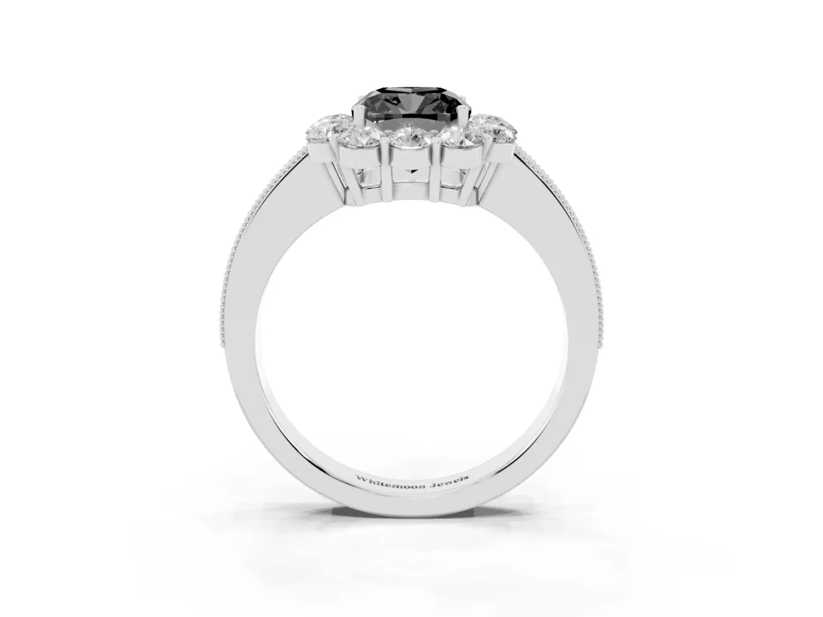 Fancy Black Cushion Cut Cut Halo Diamond Pavé Engagement Ring with Milgrain Detailing Platinum