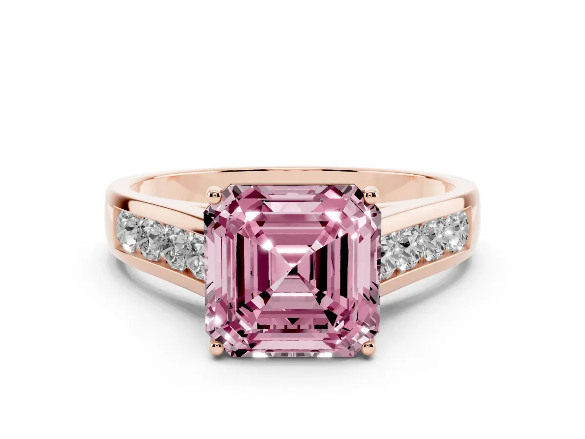 Fancy Pink Asscher Cut Solitaire Channel-Set Diamond Engagement Ring with Four-Prong Setting Rose gold