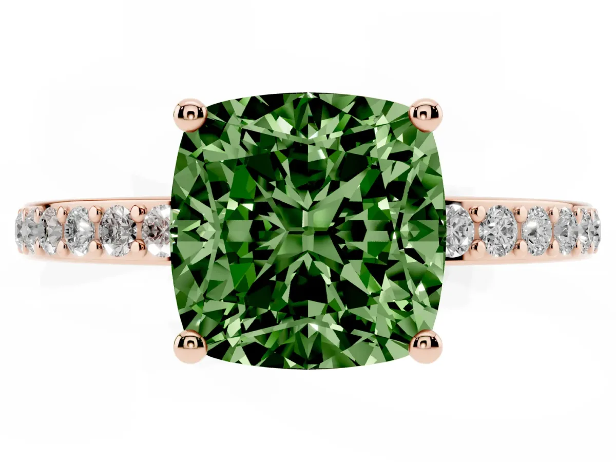Fancy Green Cushion Cut Cut Diamond Pavé Band Ring with Four-Prong Setting Rose gold