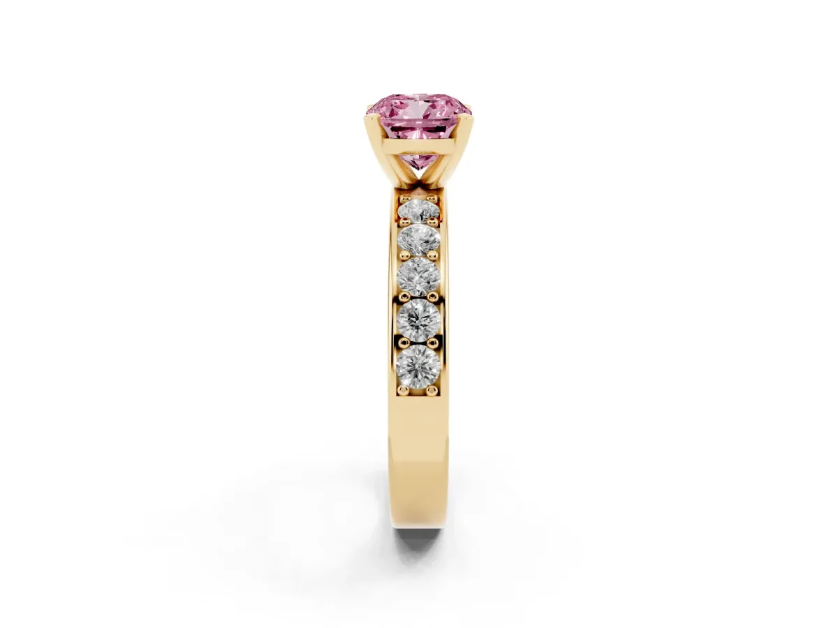 Fancy Pink Cushion Cut Diamond Engagement Ring with Channel Set Round Band and Prong Setting Yellow gold