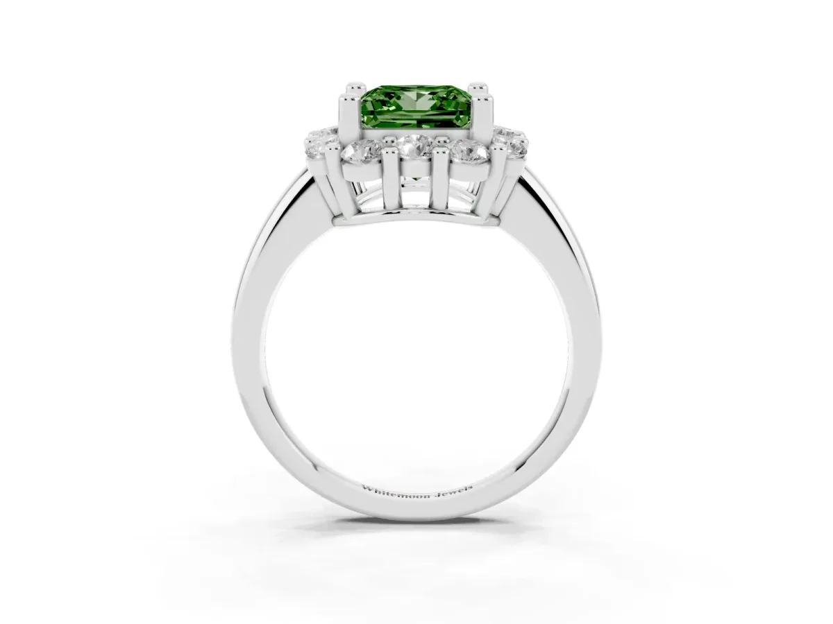 Fancy Green Princess Cut Halo Cluster Diamond Engagement Ring with Prong Setting and Polished Band Platinum