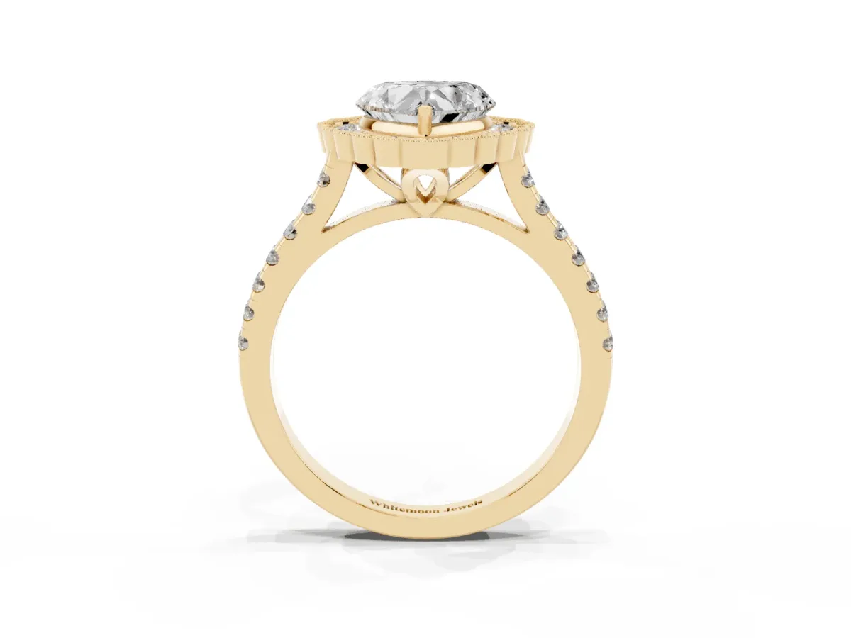 Heart Cut Cut Diamond Milgrain Floral Halo Engagement Ring with Pavé Band Yellow gold