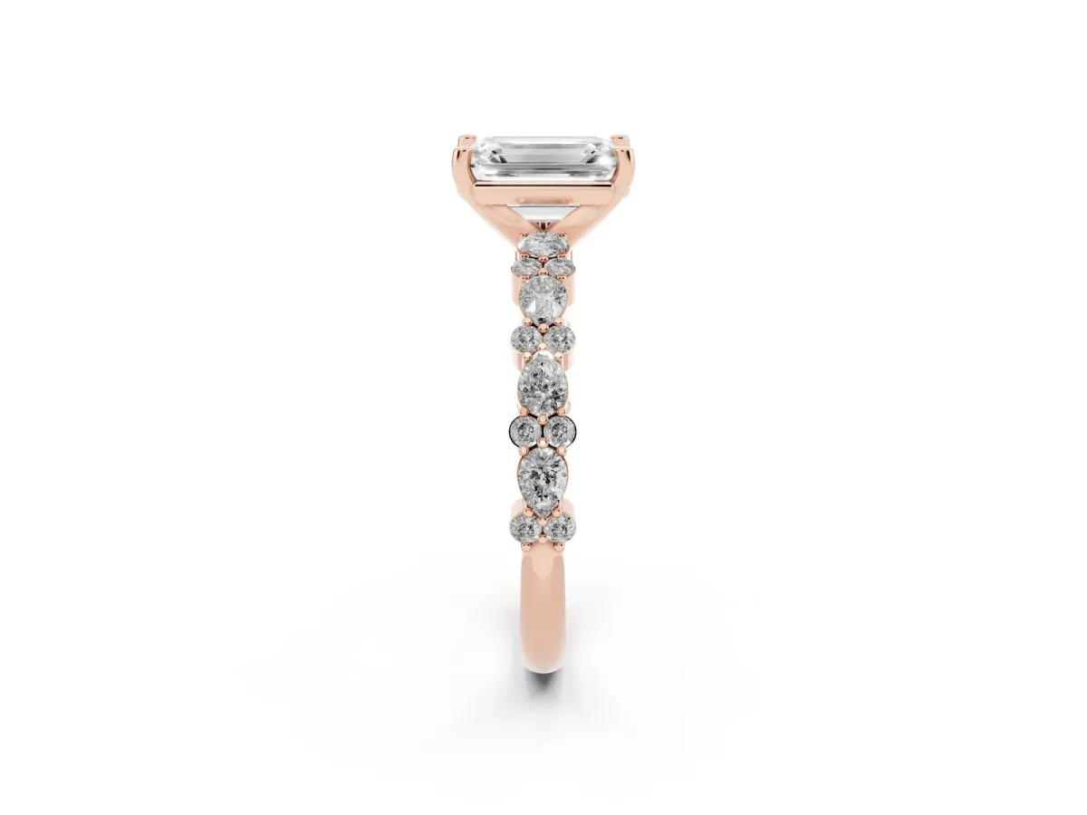 Emerald Cut Diamond Side Stone Solitaire Ring with Round and Four-Prong Setting Rose gold