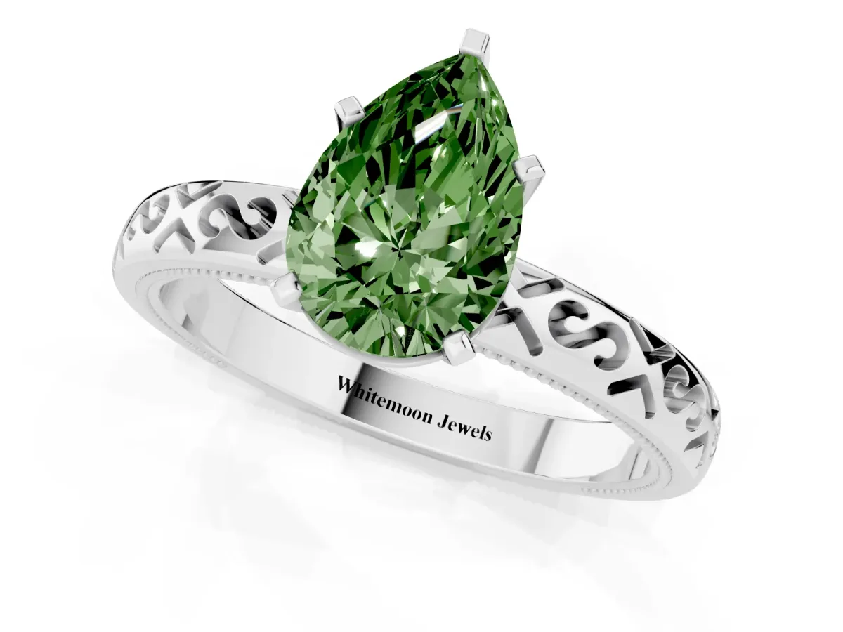 Fancy Green Pear Cut Solitaire Engagement Ring with Scrollwork Band and Four-Prong Setting White gold