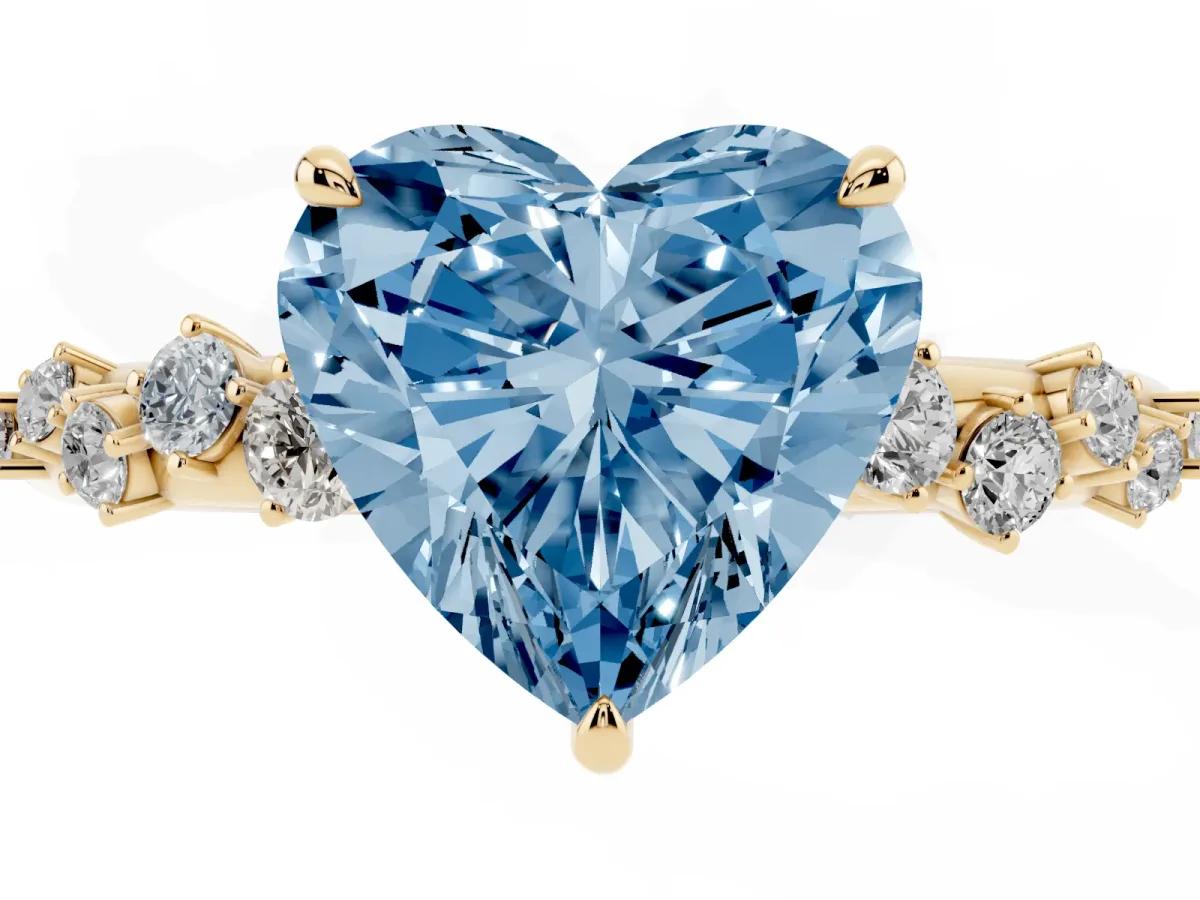 Fancy Blue Heart Cut Diamond Cluster Prong-Set Solitaire Ring Yellow gold