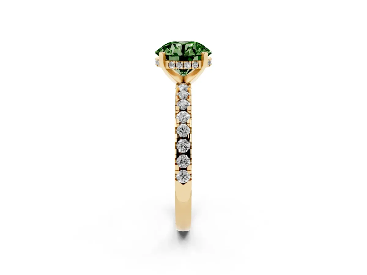Fancy Green Round Cut Diamond Solitaire Ring with Round Pavé Band and Four-Prong Setting Yellow gold