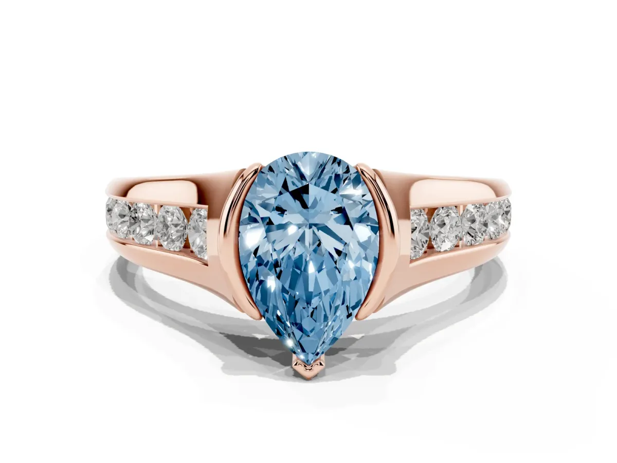 Fancy Blue Pear Cut Solitaire Bezel-Set Diamond Ring with Channel-Set Band Rose gold