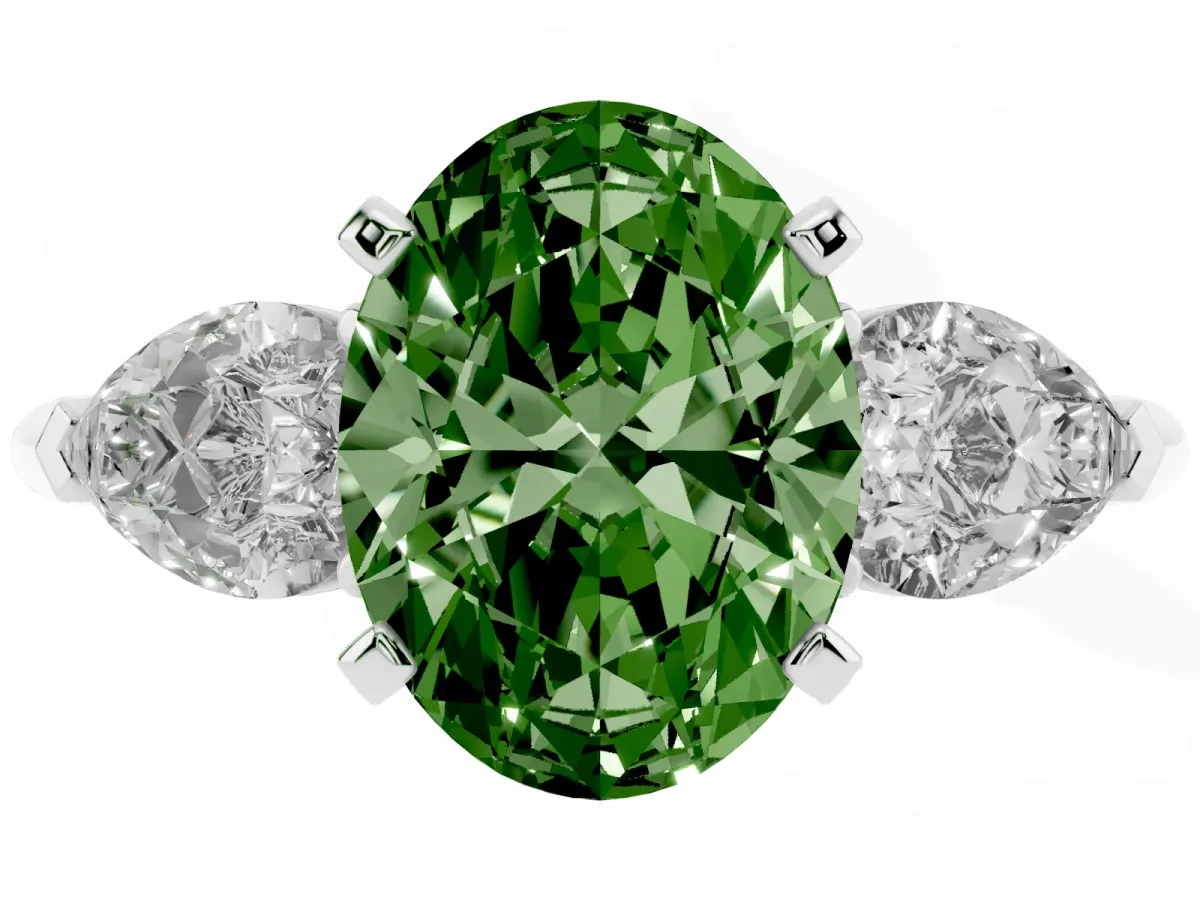 Fancy Green Three-Stone Oval Cut Diamond Ring with Pear Side Stones and Four-Prong Setting Silver