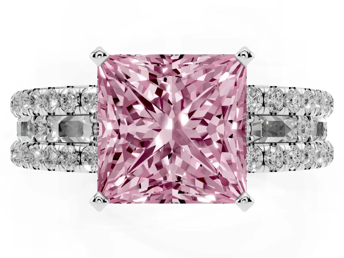 Fancy Pink Princess Cut Diamond Solitaire Ring with Pavé and Channel Set Band Platinum