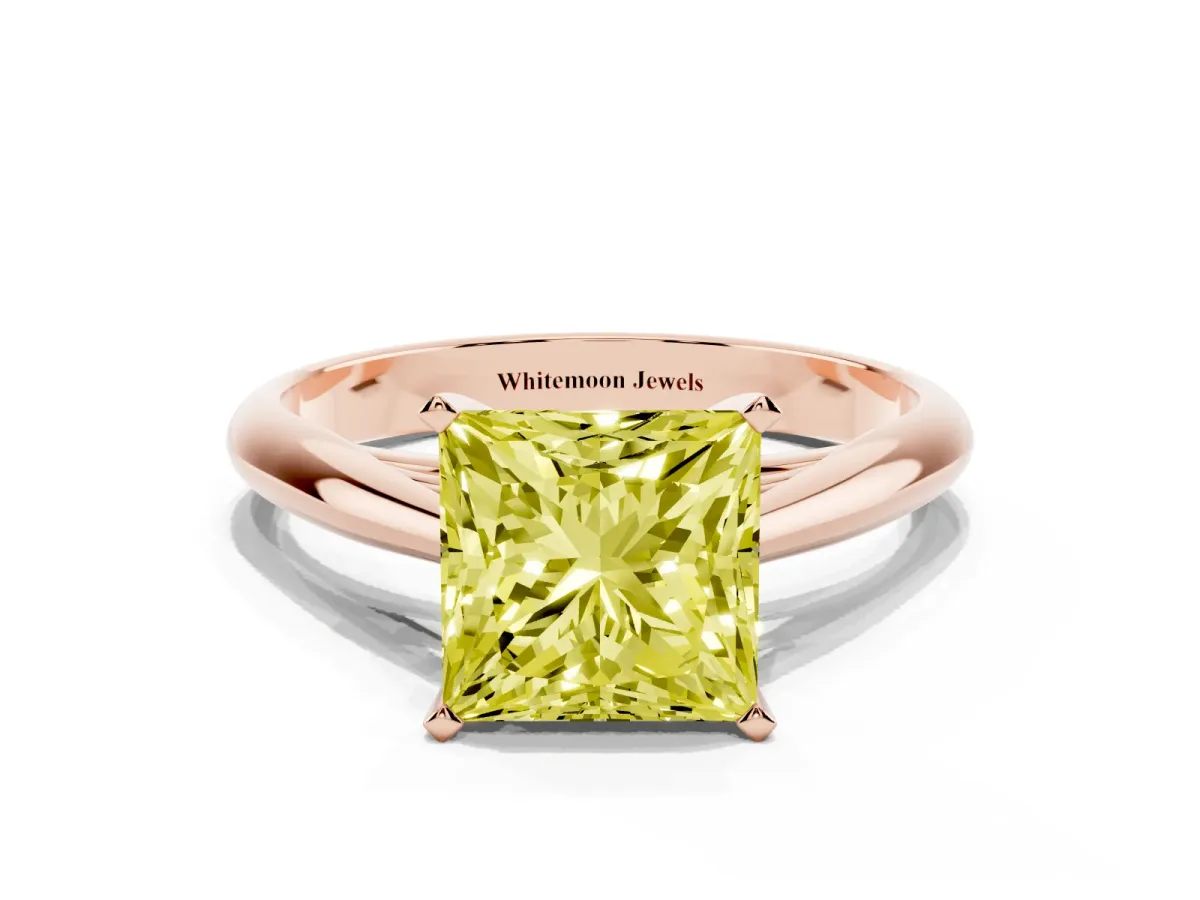 Fancy Yellow Princess Cut Diamond Solitaire Engagement Ring with Cathedral Setting and Four-Prong Mount Rose gold