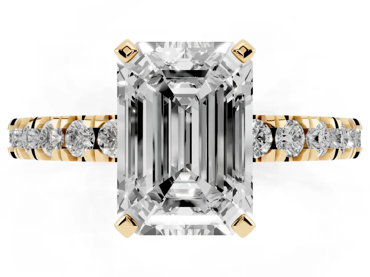 Emerald Cut Diamond Pavé Band Solitaire with Four-Prong Setting Yellow gold
