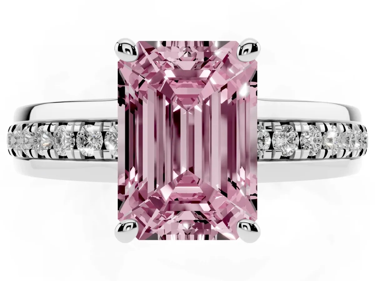 Fancy Pink Emerald Cut Solitaire Diamond Ring with Channel Set Band and Six-Prong Setting Silver