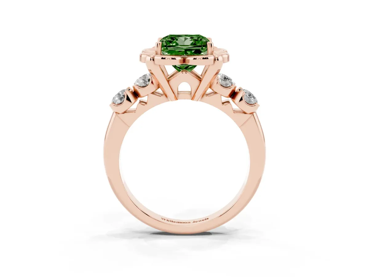 Fancy Green Princess Cut Cut Diamond Floral Halo Engagement Ring with Shared Prong Setting Rose gold