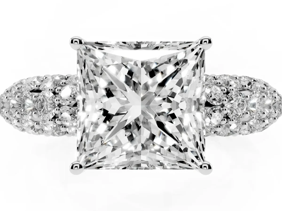 Princess Cut Diamond Pavé Band Solitaire Ring with Four-Prong Setting Platinum