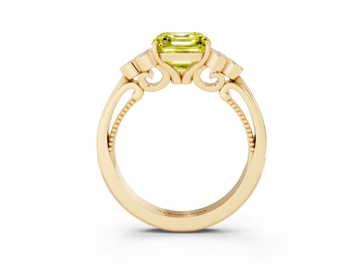 Fancy Yellow Asscher Cut Cut Diamond Engagement Ring with Bezel Set Round Side Stones and Prong Setting Yellow gold