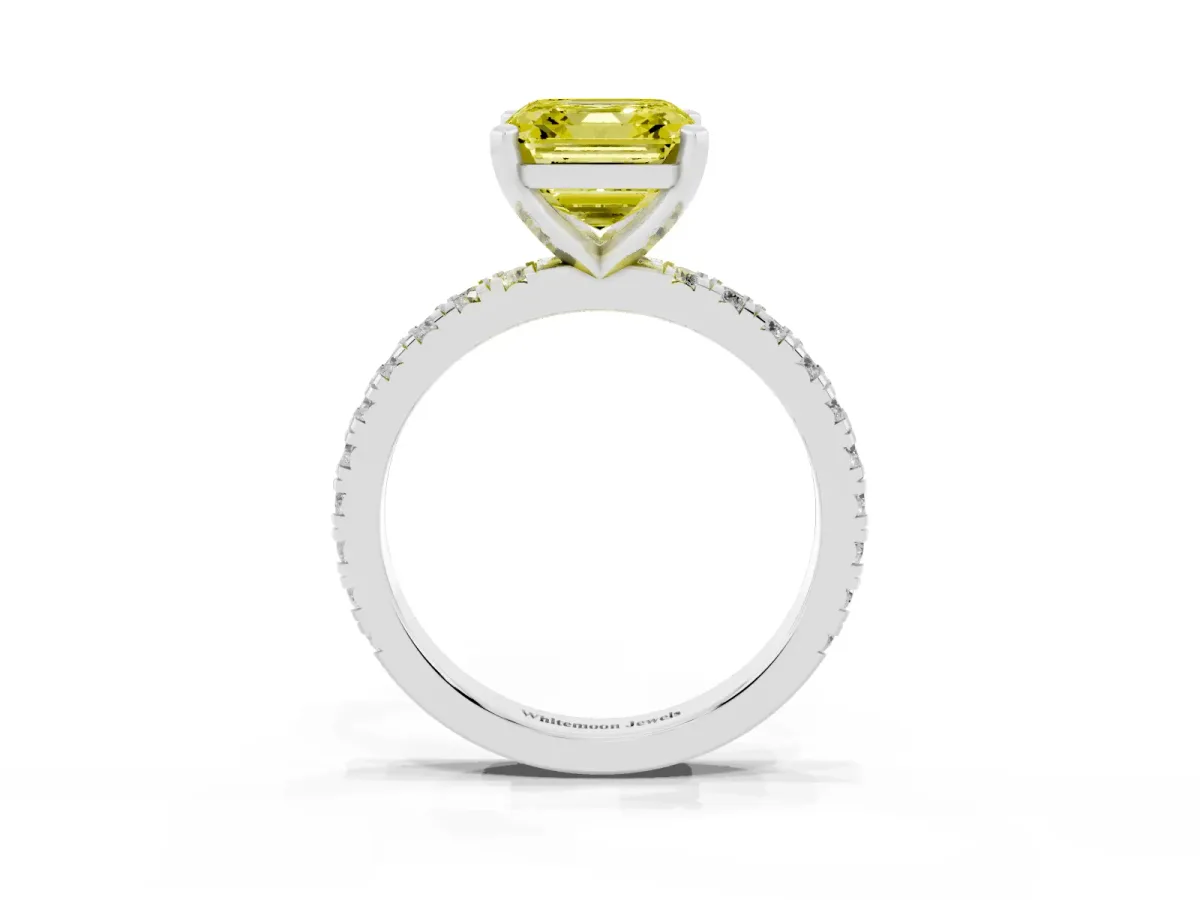Fancy Yellow Asscher Cut Diamond Pavé Band Solitaire with Four-Prong Setting Silver