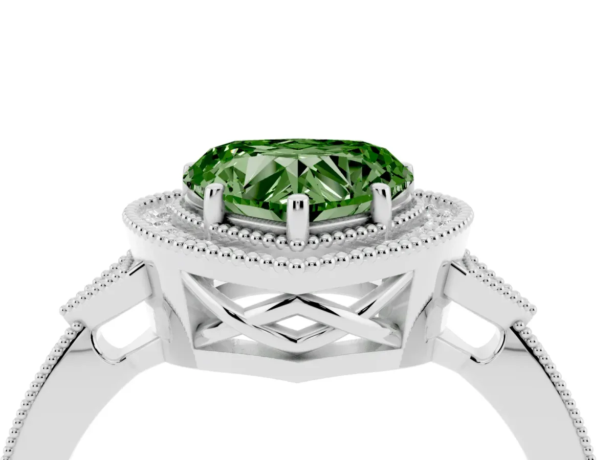 Fancy Green Heart Cut Halo Round Diamond Milgrain Pave Engagement Ring Platinum