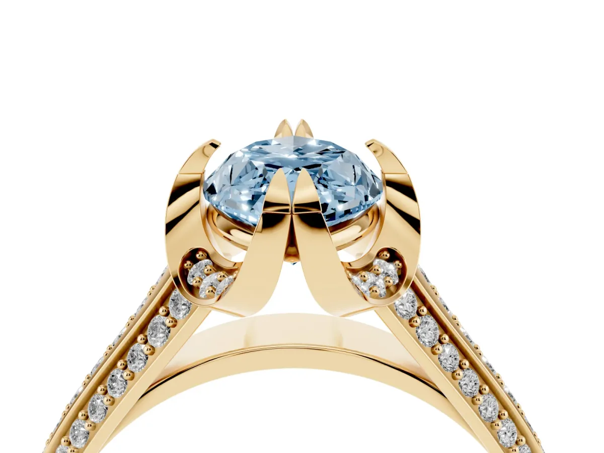 Fancy Blue Marquise Cut Solitaire Pave Split Shank Ring with Four-Prong Setting Yellow gold