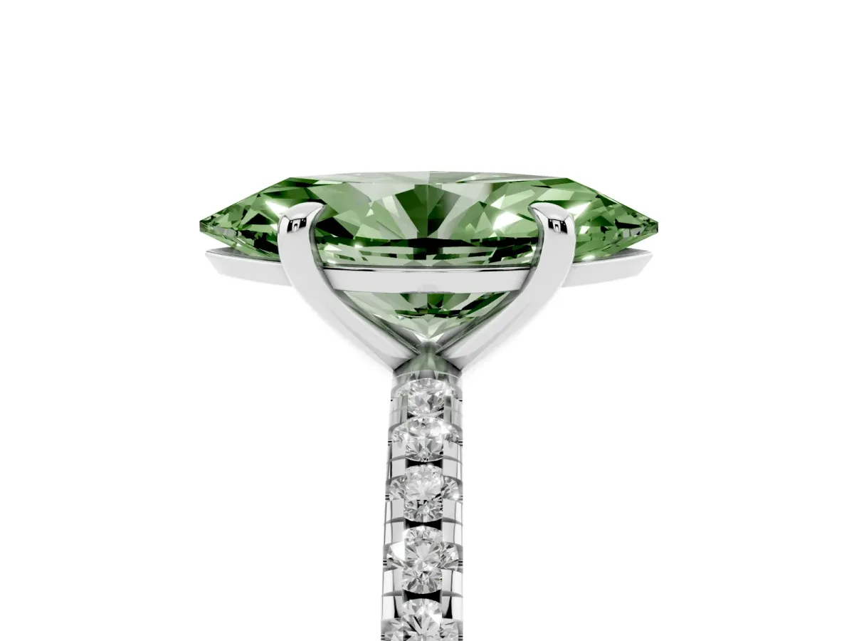 Fancy Green Marquise Cut Diamond Brilliant Solitaire Ring with Pavé Band and Four-Prong Setting White gold