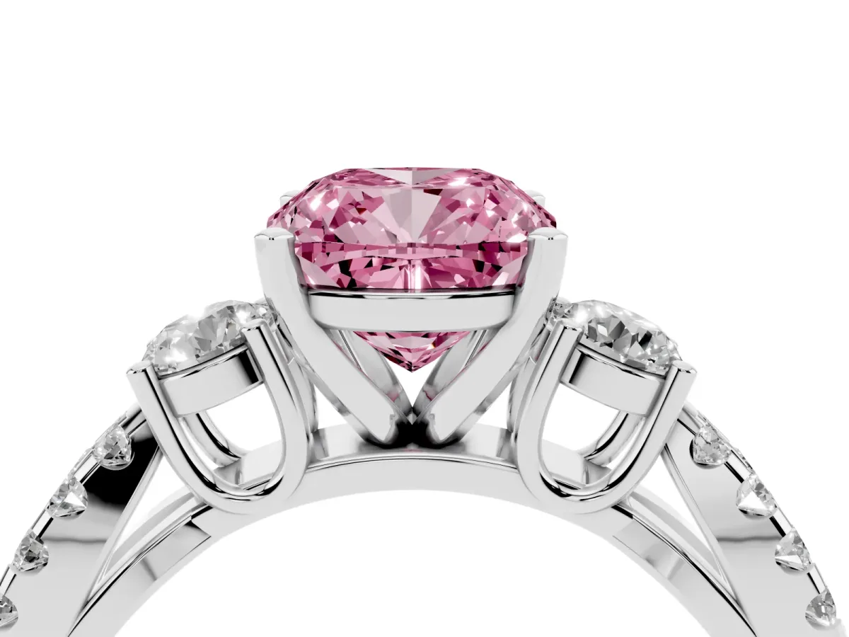 Fancy Pink Cushion Cut Diamond Three-Stone Ring with Pavé Split Shank and Four-Prong Setting Silver
