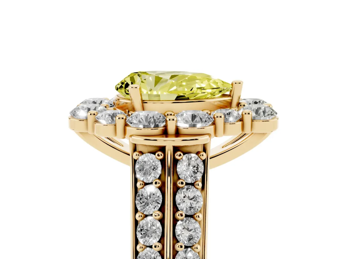 Fancy Yellow Pear Cut Halo Diamond Engagement Ring with Split Shank and Prong Setting Yellow gold