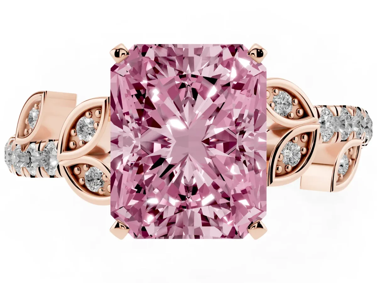 Fancy Pink Radiant Cut Solitaire Leaf-Inspired Diamond Ring with Pavé Band and Four-Prong Setting Rose gold
