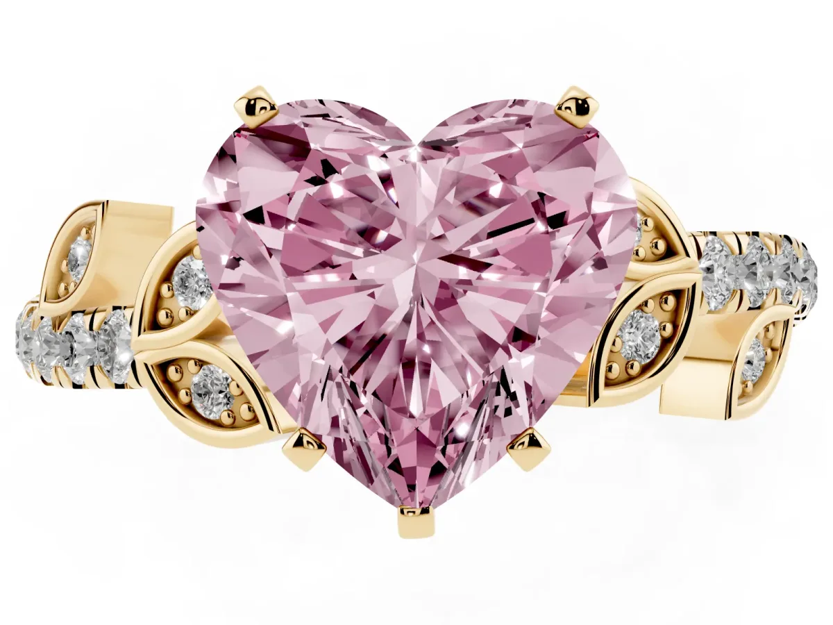 Fancy Pink Heart Cut Solitaire Leaf-Inspired Diamond Ring with Pavé Band and Four-Prong Setting Yellow gold