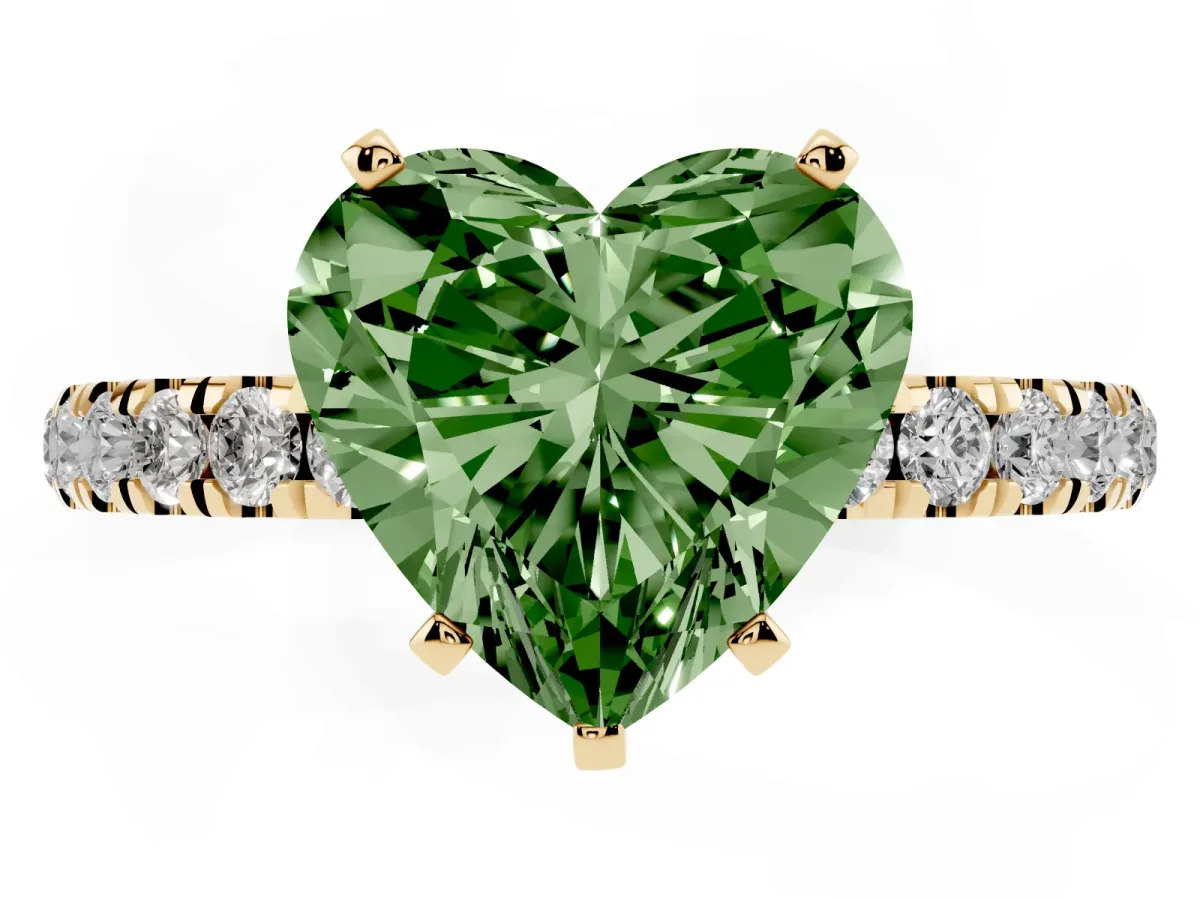 Fancy Green Heart Cut Diamond Solitaire Ring with Pavé Accents and Four-Prong Setting Yellow gold
