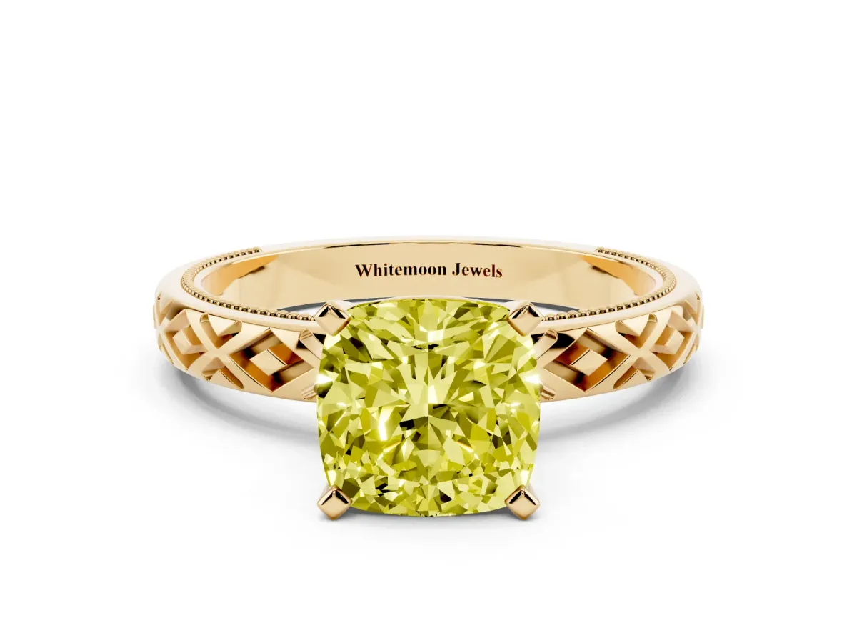 Fancy Yellow Cushion Cut Solitaire Diamond Ring with Milgrain and Black Enamel X Pattern Band Yellow gold