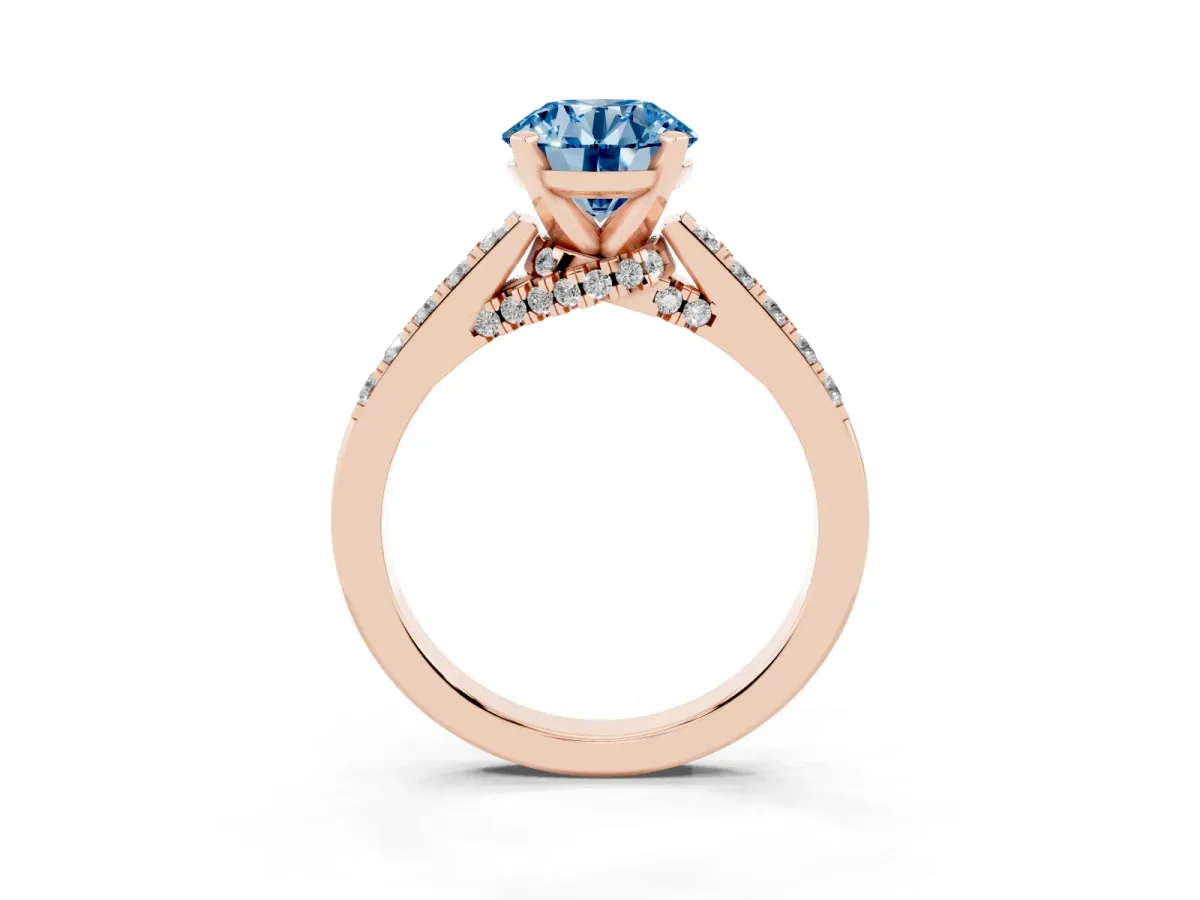 Fancy Blue Round Cut Diamond Solitaire Ring with Crossover Gallery and Round Pavé Band Rose gold