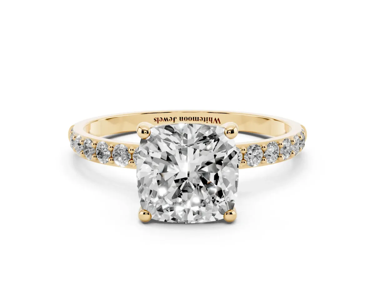 Cushion Cut Diamond Solitaire Ring with Round Pavé Band and Prong Setting Yellow gold