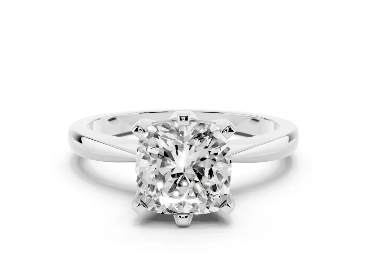 Cushion Cut Solitaire Engagement Ring with Six-Prong Setting and Tapered Band Platinum