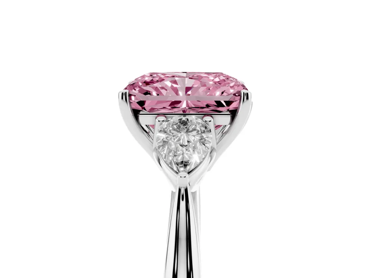 Fancy Pink Three-Stone Radiant Cut Diamond Ring with Pear Side Stones in Four-Prong Setting Silver