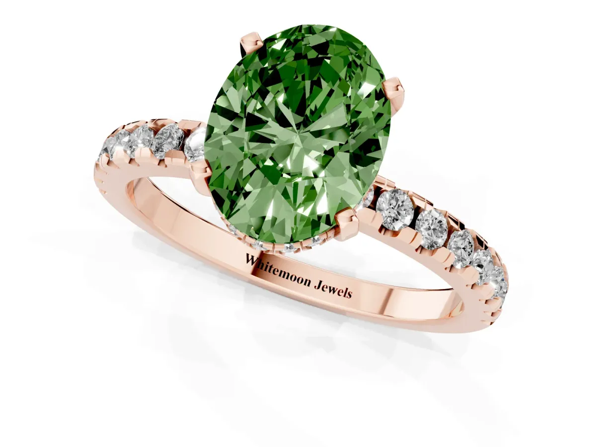 Fancy Green Oval Cut Diamond Solitaire Ring with Round Pavé Band and Four-Prong Setting Rose gold