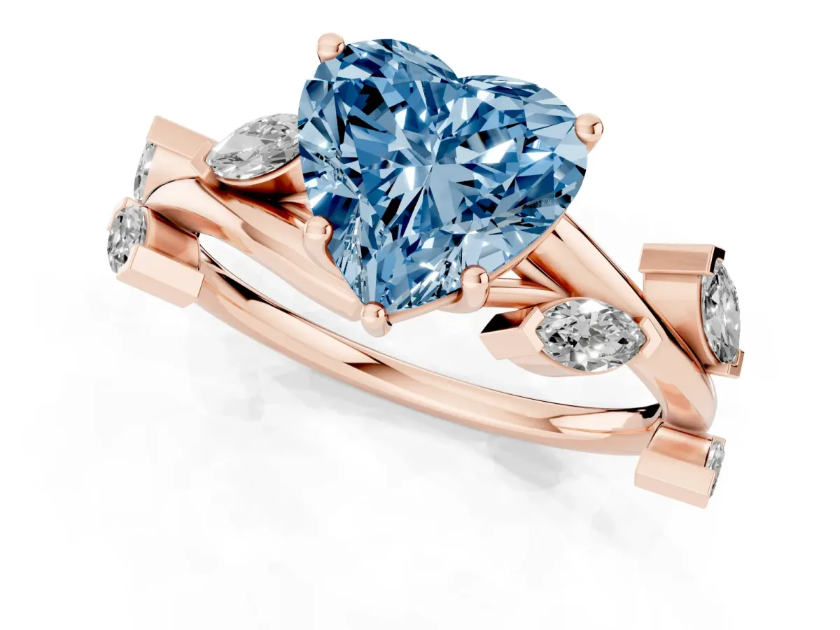 Fancy Blue Heart Cut Solitaire Twisted Band Marquise Accent Prong Setting Ring Rose gold